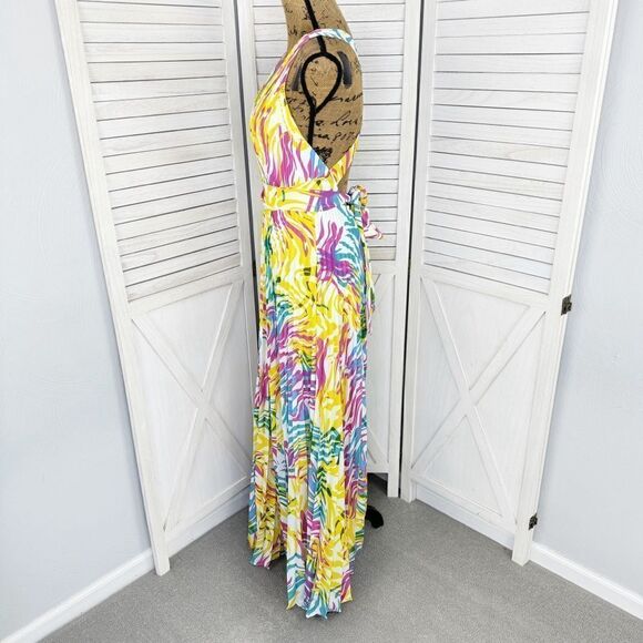 Milly Oria Waves of Zerbra Pleated Halter Maxi Dress Yellow Pink Multi Size 4 - Picture 3 of 15